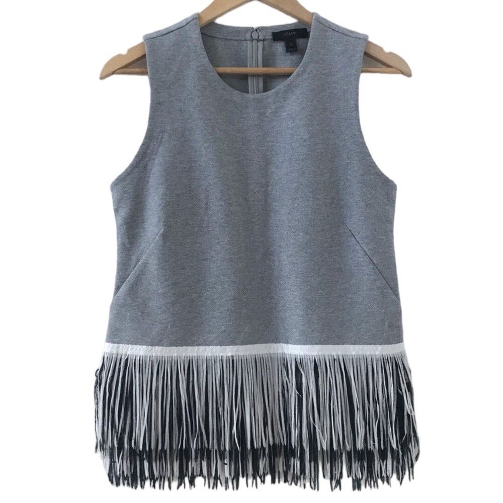 J CREW Size Medium Gray KNIT TOP WITH FUN FRINGE Round Neck Sleeveless NEW